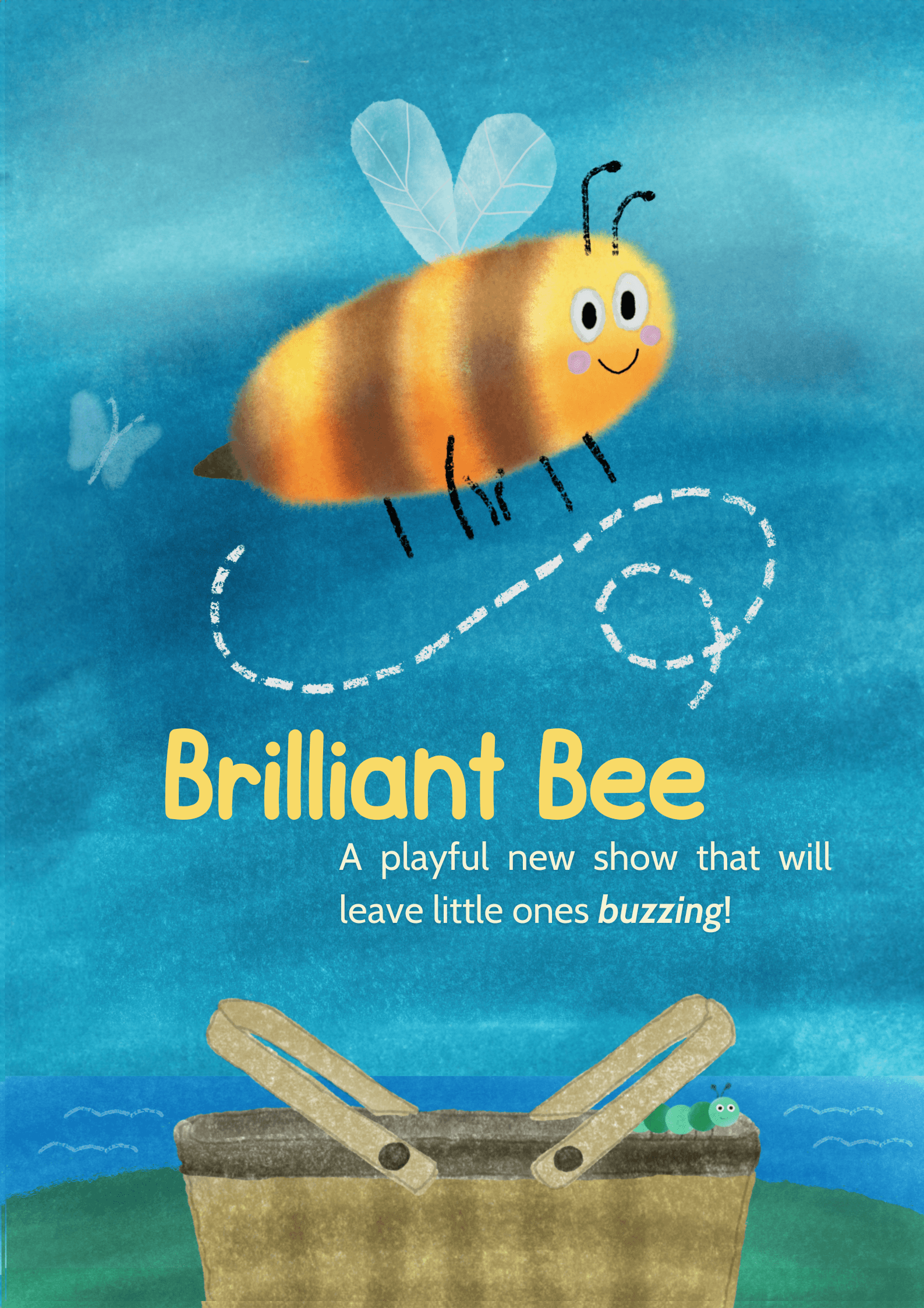 A orange bumblebee flying over a basket, with the words 'Brilliant Bee' in yellow. There is also a caterpillar on the basket, and butterflies in the air.